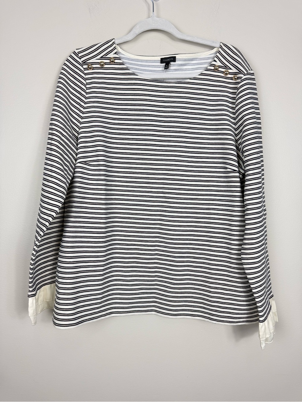 Talbots Top Womens size XL Black White Stripe Ruffle Hem Gold Button Boatneck